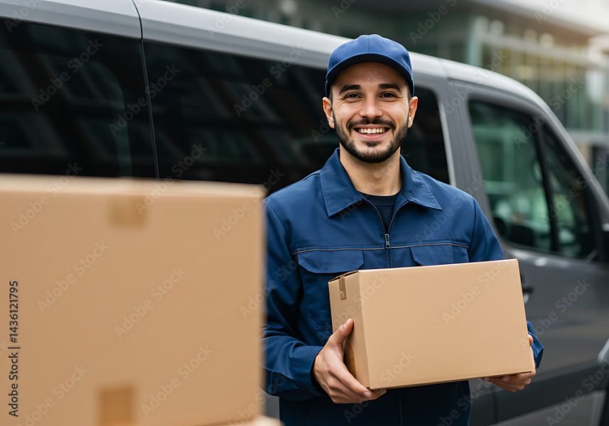 Delivery man holding a cardboard box smiling at the camera, courier with parcel near van, delivery service concept.
